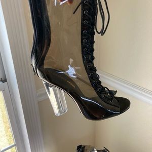 Clear Black vinyl peep toe heels